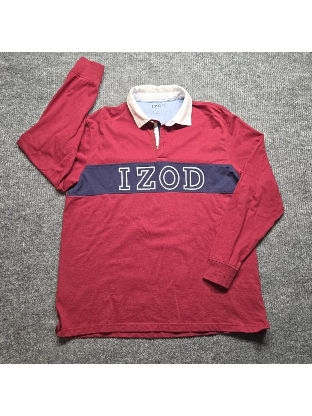 VTG IZOD Spellout Rugby Shirt Men's XL Long Sleeve Maroon & Blue 100% Cotton